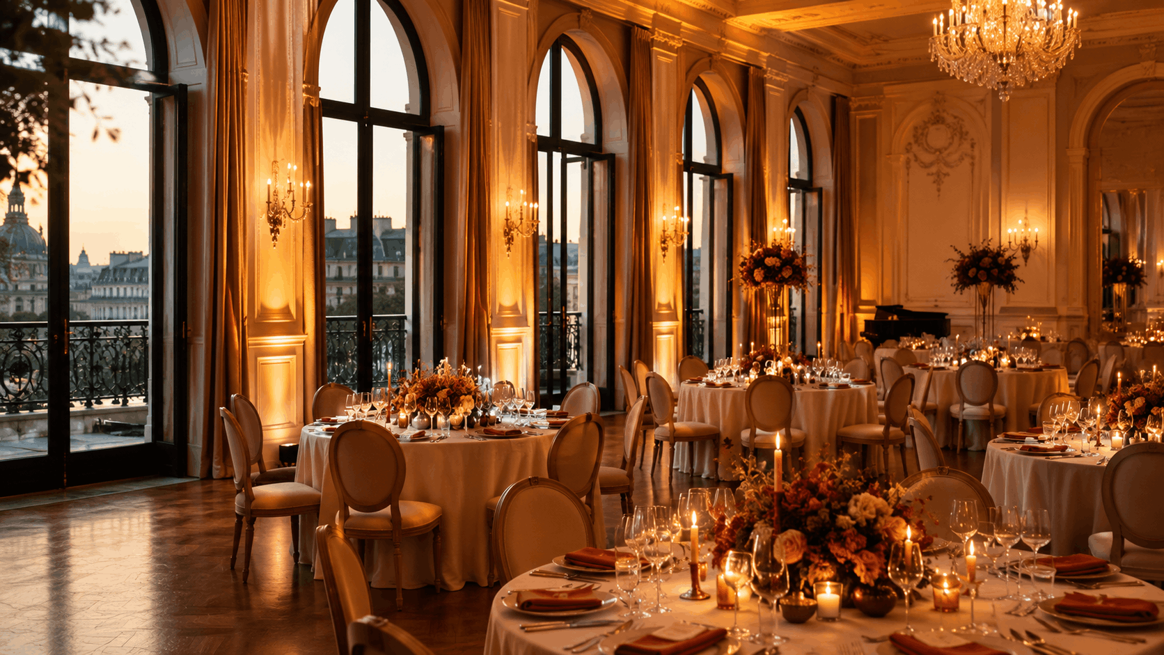 Grand salon de réception parisien avec lumière chaude, tables dressées et hauts plafonds