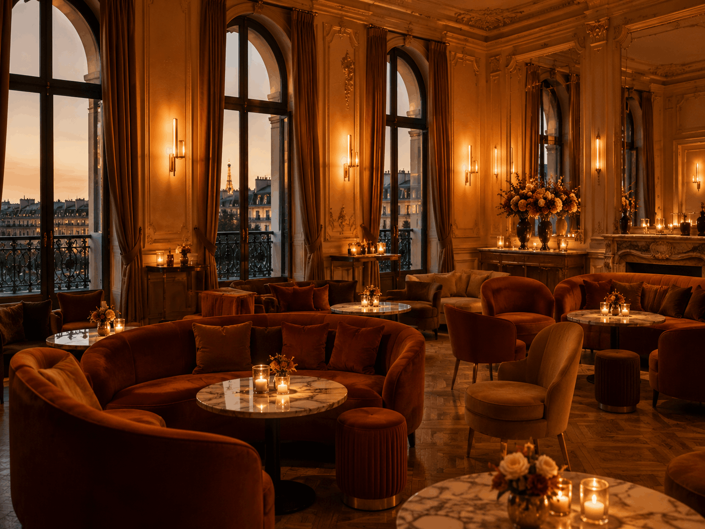 Salon cocktail avec canapés, compositions florales et lumière terracotta