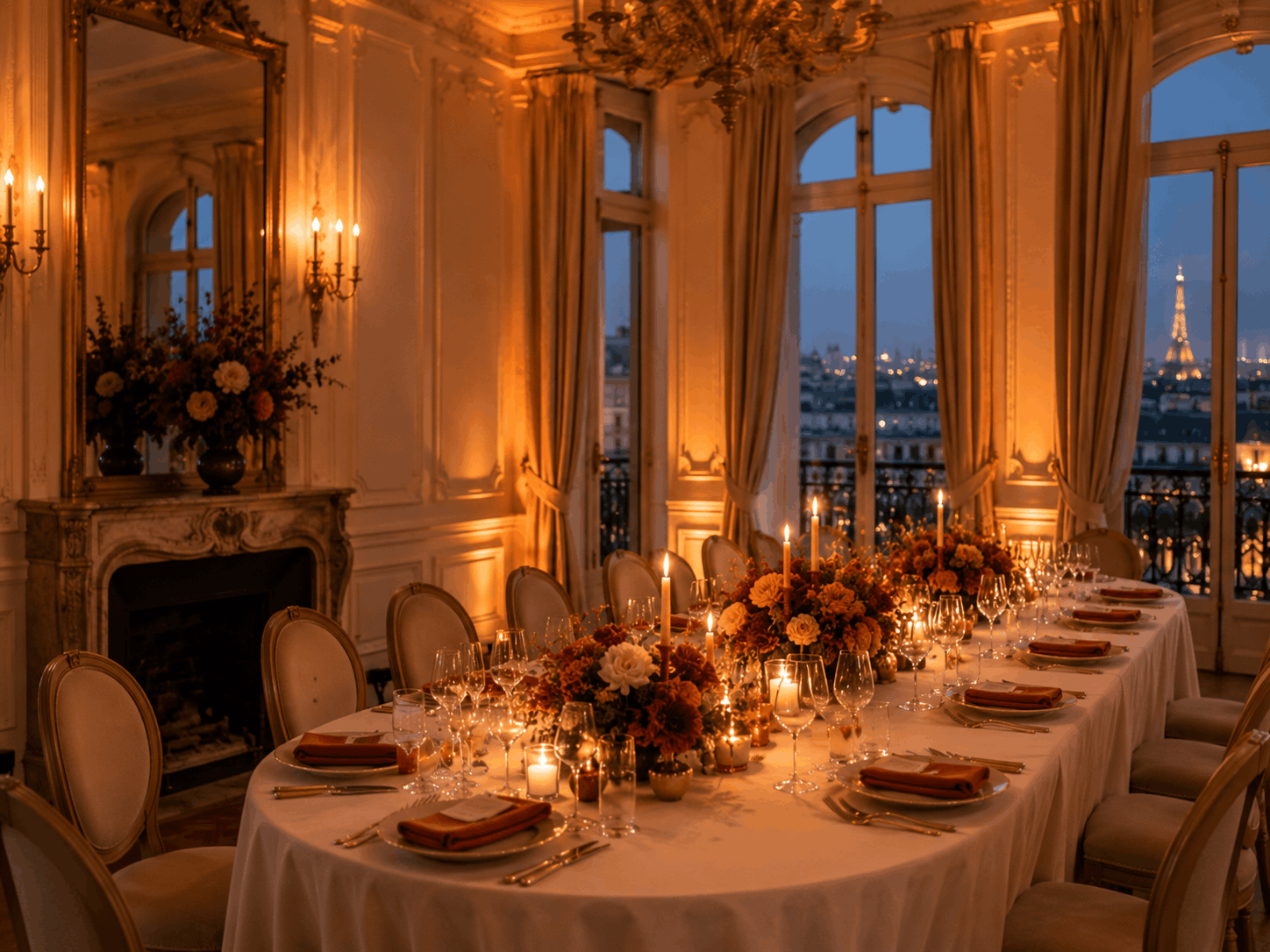 Salle dressée pour un dîner assis avec vaisselle élégante et bougies