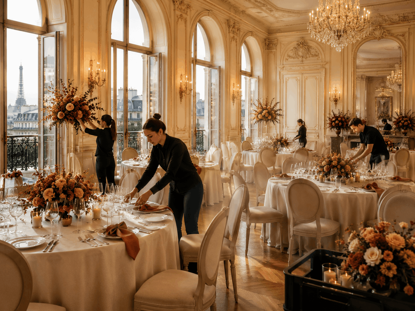 Équipe installant une réception élégante avant arrivée des invités