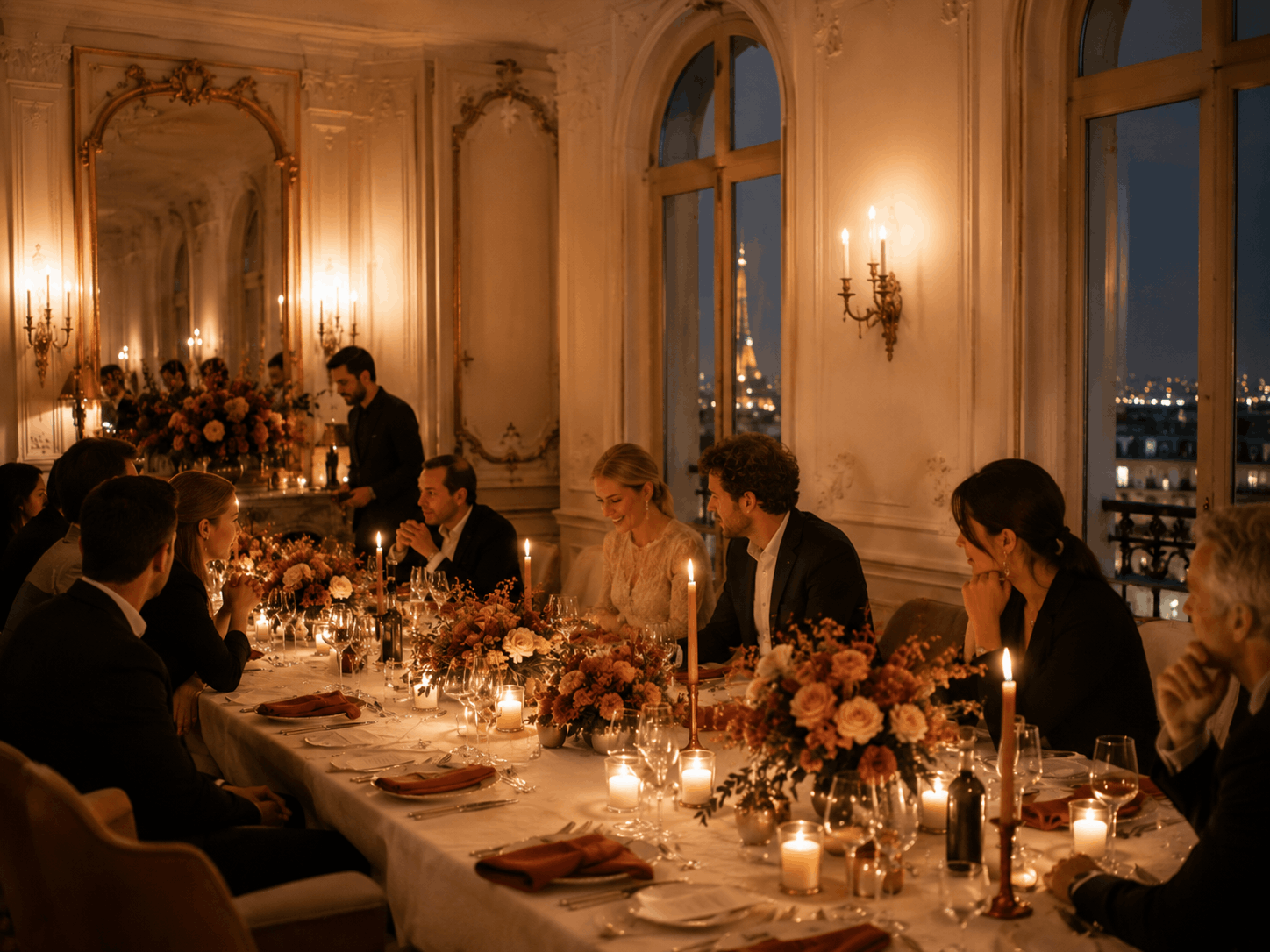 Dîner privé dans un salon parisien avec lumière chaude et fleurs